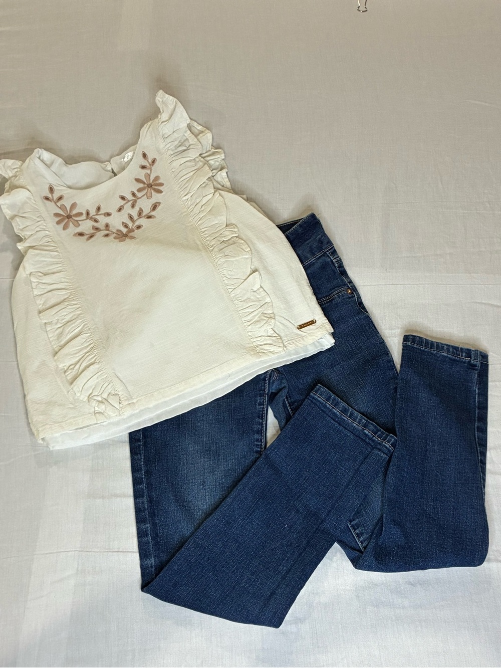 Girls Cream Ruffle Floral Embroidered Top and Jeans